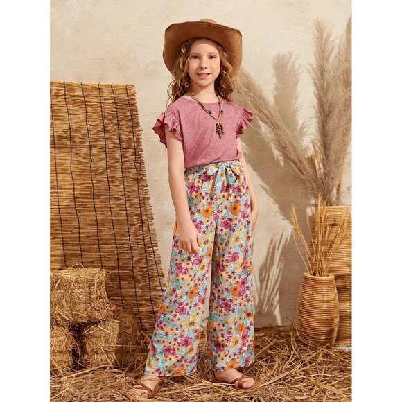NEW SHEIN Girls Marled Ruffle Trim Tee & Floral Print Belted Pants Set Size 9Y - Picture 5 of 8
